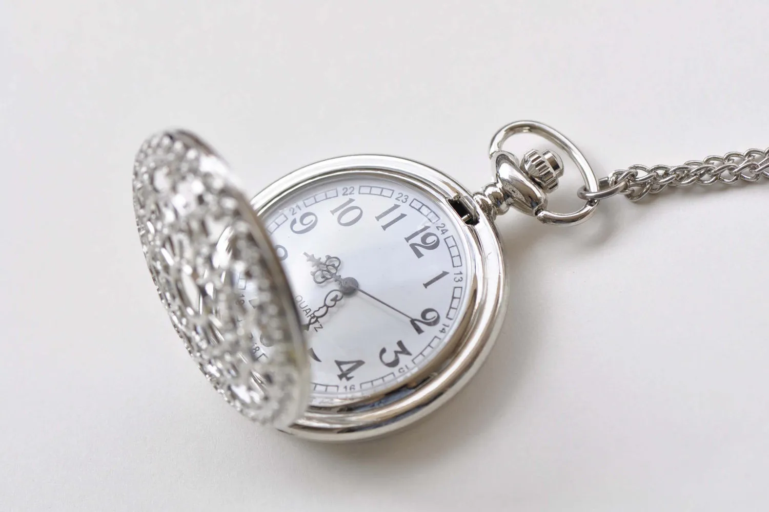 1 PC Platinum Filigree Pocket Watch Necklace Size 47mm A8791