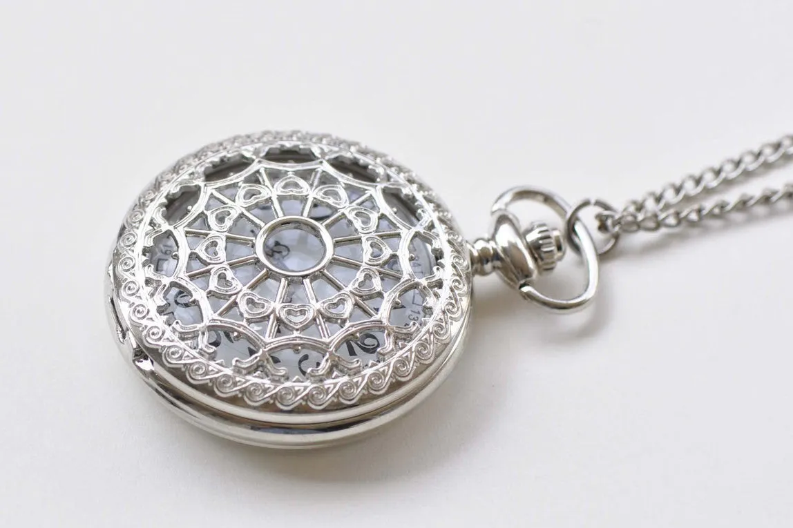 1 PC Platinum Filigree Pocket Watch Necklace Size 47mm A8791
