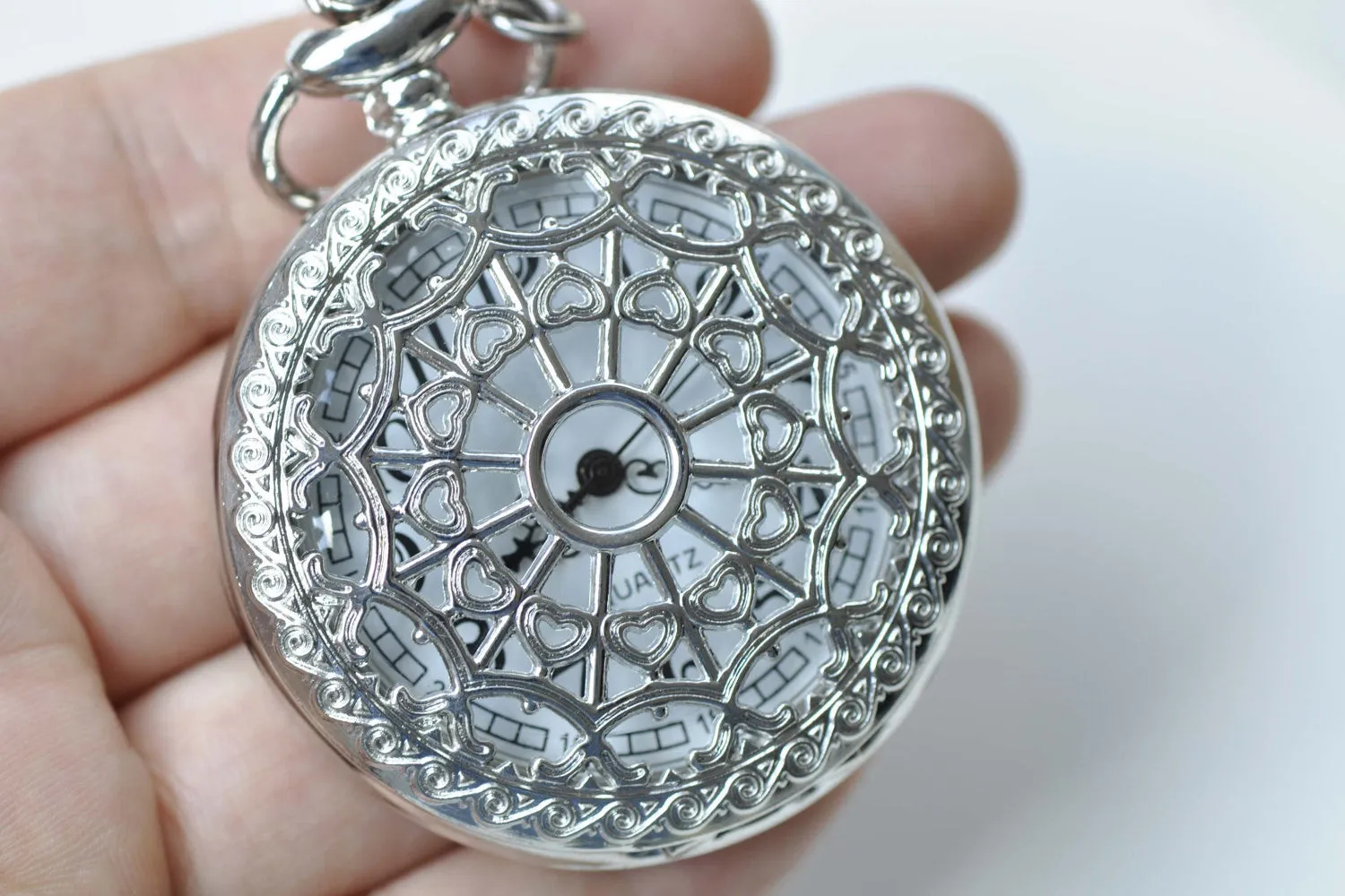 1 PC Platinum Filigree Pocket Watch Necklace Size 47mm A8791