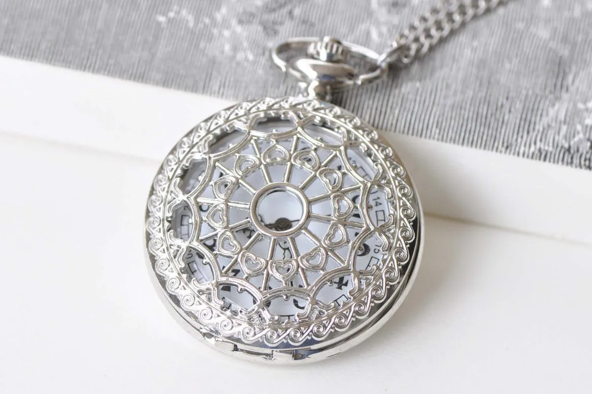 1 PC Platinum Filigree Pocket Watch Necklace Size 47mm A8791
