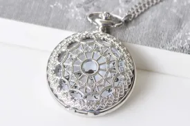 1 PC Platinum Filigree Pocket Watch Necklace Size 47mm A8791