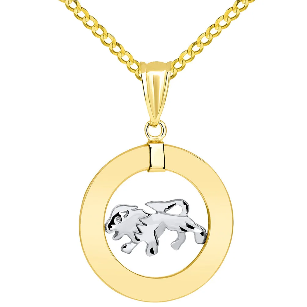 14k Two Tone Gold Open Circle Leo Zodiac Sign Pendant Cuban Necklace