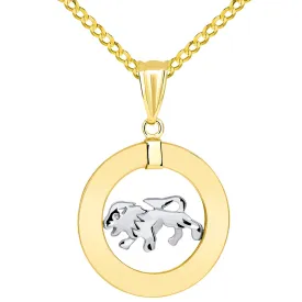 14k Two Tone Gold Open Circle Leo Zodiac Sign Pendant Cuban Necklace