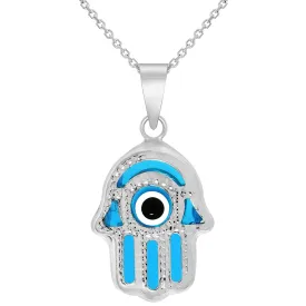 14k White Gold Blue Evil Eye Hamsa Hand Charm Pendant Necklace