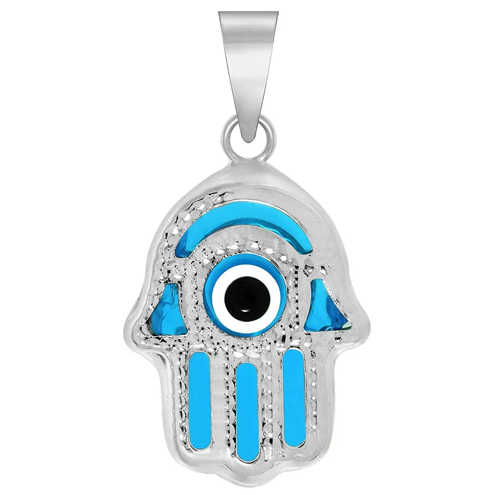 14k White Gold Blue Evil Eye Hamsa Hand Charm Pendant Necklace