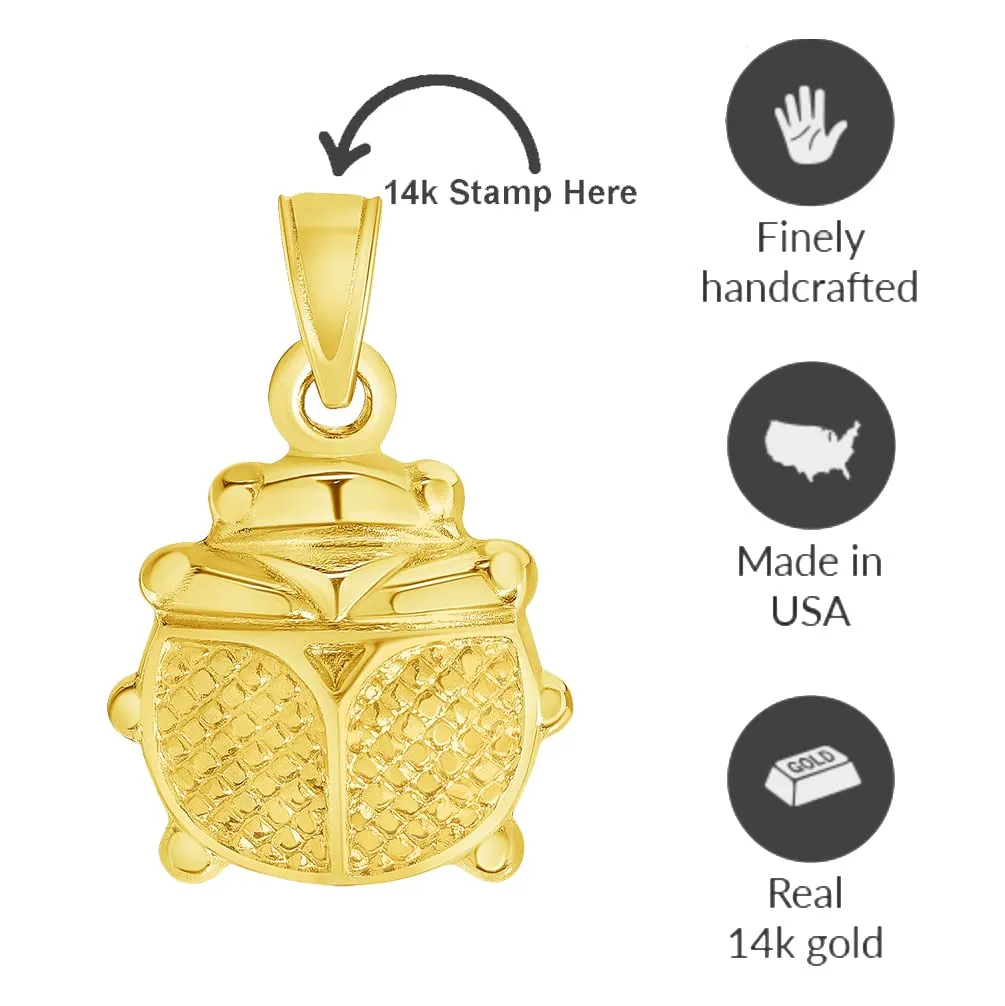 14k Yellow Gold 3D Ladybug Charm Good Luck Pendant with Cuban Curb Chain Necklace