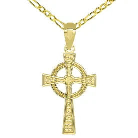 14k Yellow Gold Celtic Cross with Eternity Circle Charm Pendant with Figaro Chain Necklace