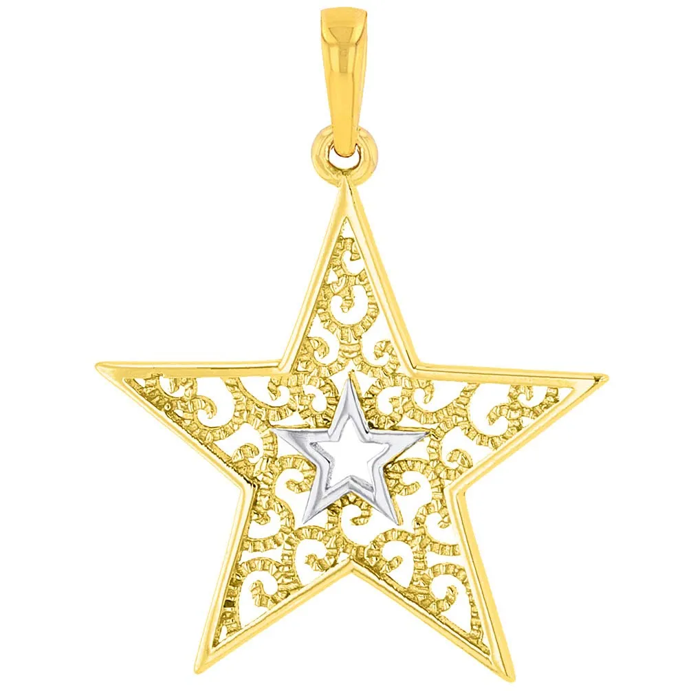 14k Yellow Gold Filigree Two Tone Star Pendant Necklace