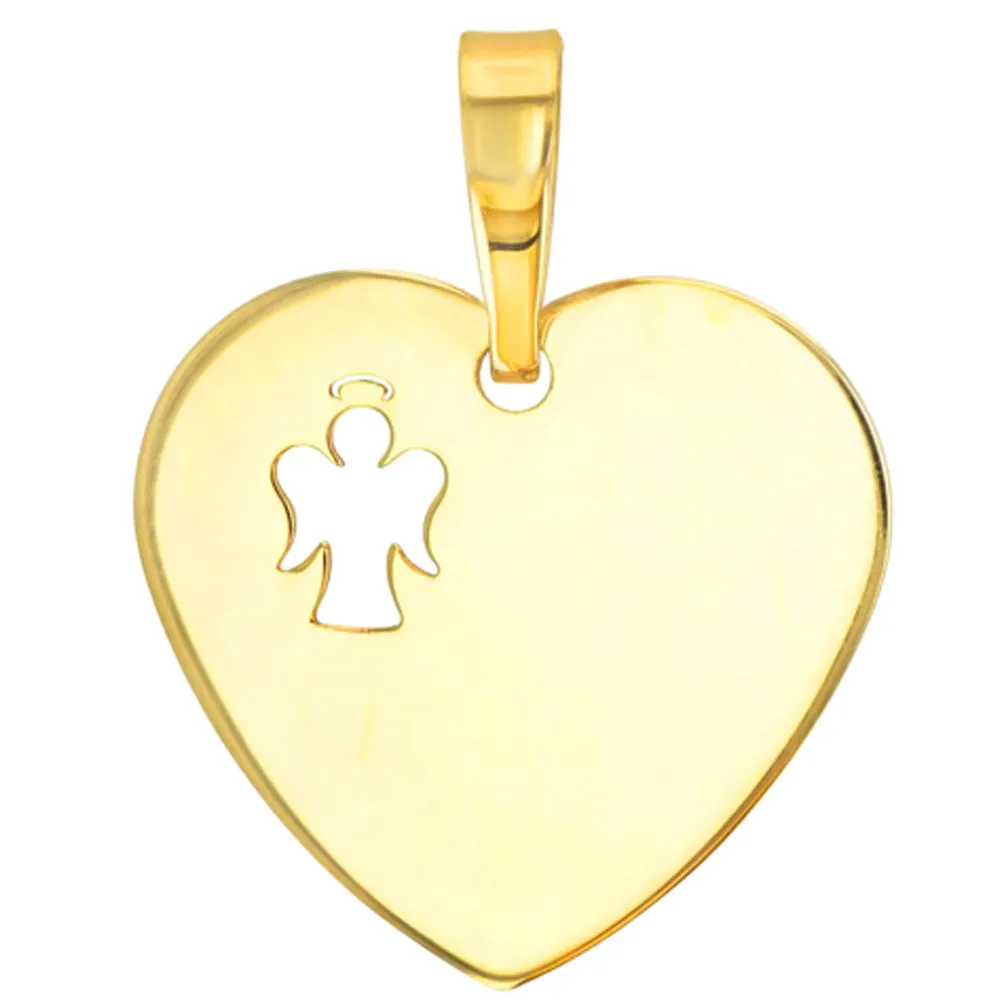 14K Yellow Gold Heart Charm with I Love My Angel Script Pendant Cuban Chain Necklace