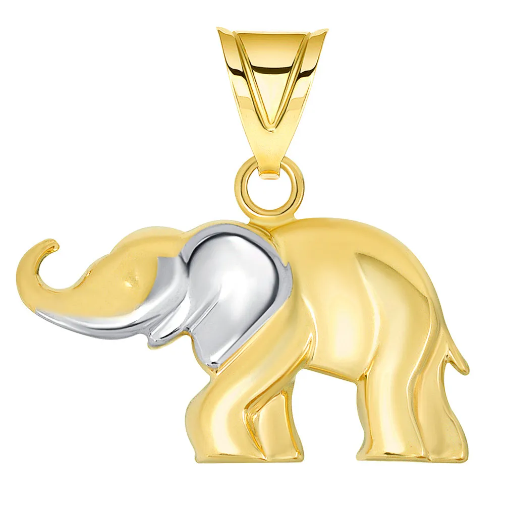 14k Yellow Gold High Polished Two Tone Elephant Pendant Necklace with Curb Chain