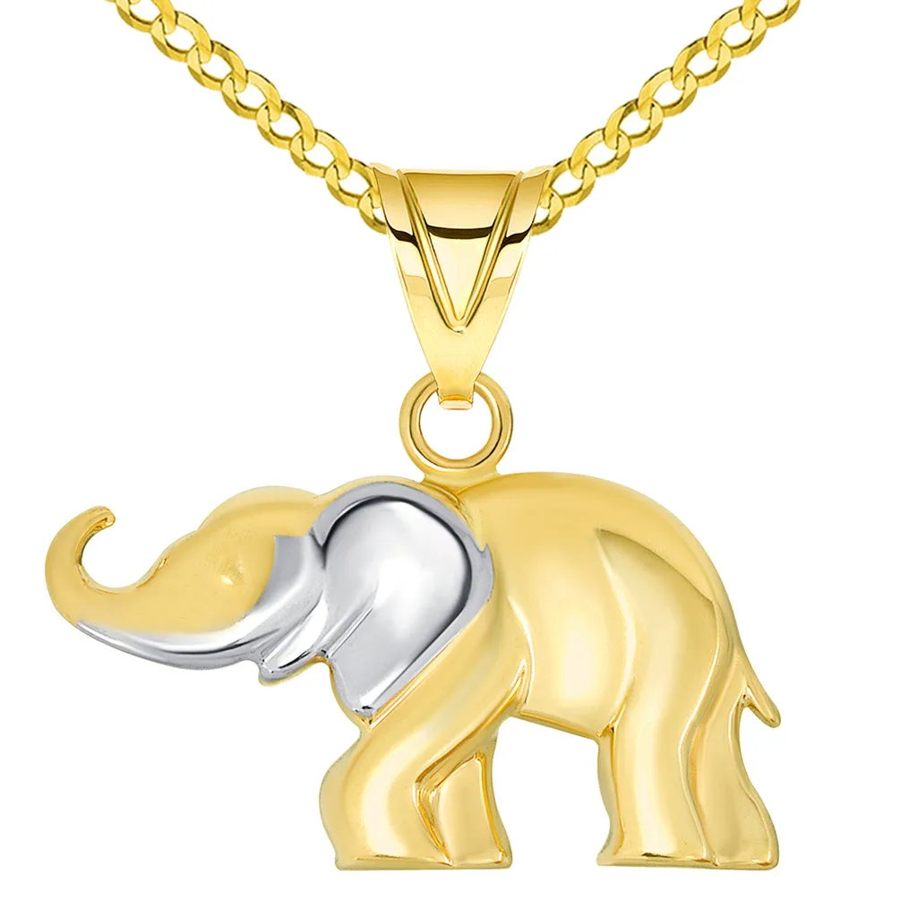14k Yellow Gold High Polished Two Tone Elephant Pendant Necklace with Curb Chain
