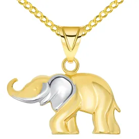 14k Yellow Gold High Polished Two Tone Elephant Pendant Necklace with Curb Chain