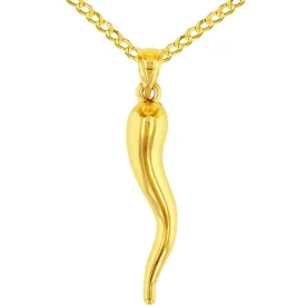 14K Yellow Gold Large Cornicello Horn Pendant with Chain Necklace