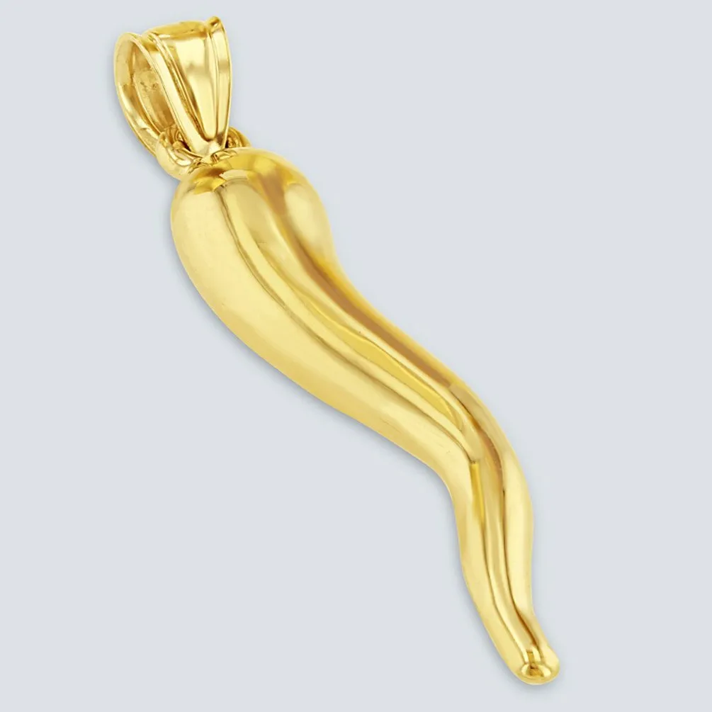 14K Yellow Gold Large Cornicello Horn Pendant with Chain Necklace