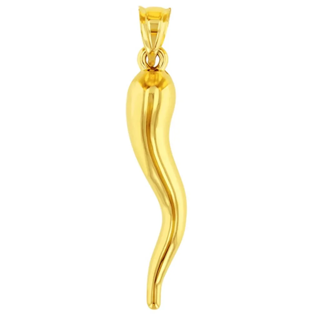 14K Yellow Gold Large Cornicello Horn Pendant with Chain Necklace
