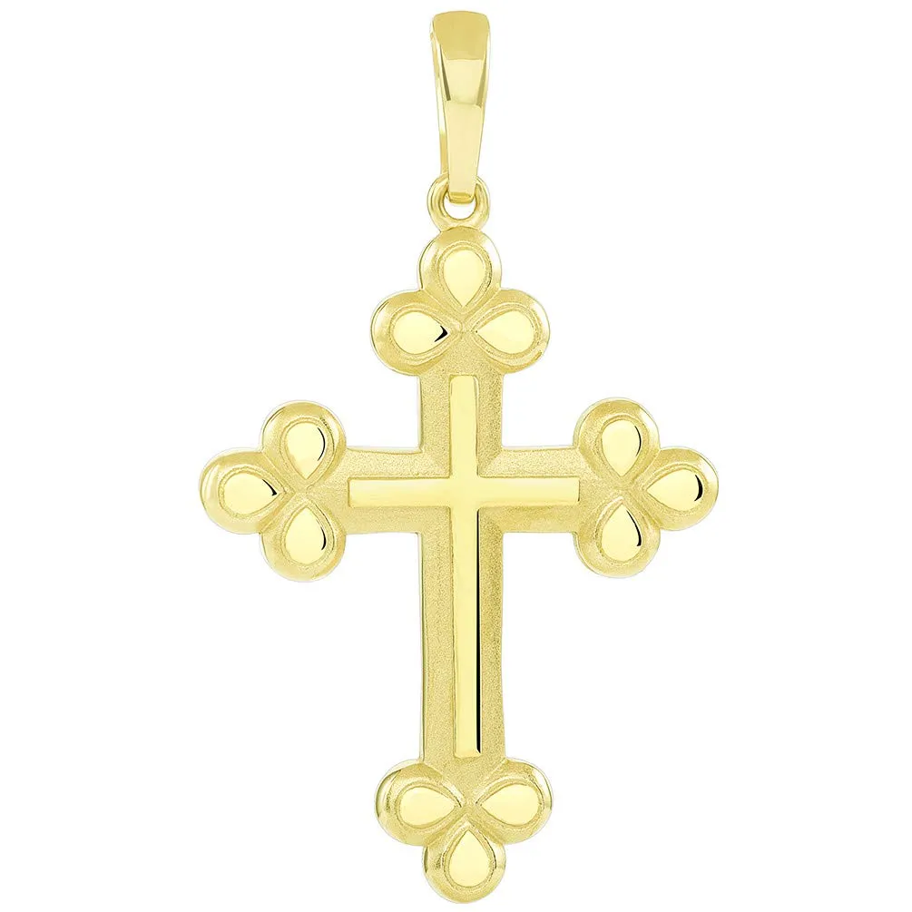14k Yellow Gold Polished and Matte Finish Christian Eastern Orthodox Cross Pendant Necklace