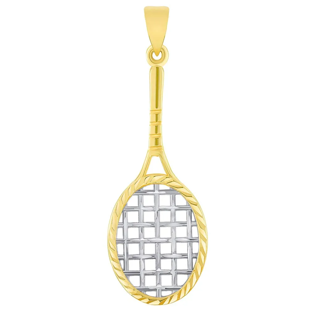 14k Yellow Gold Textured Tennis Racket Sports Pendant Necklace