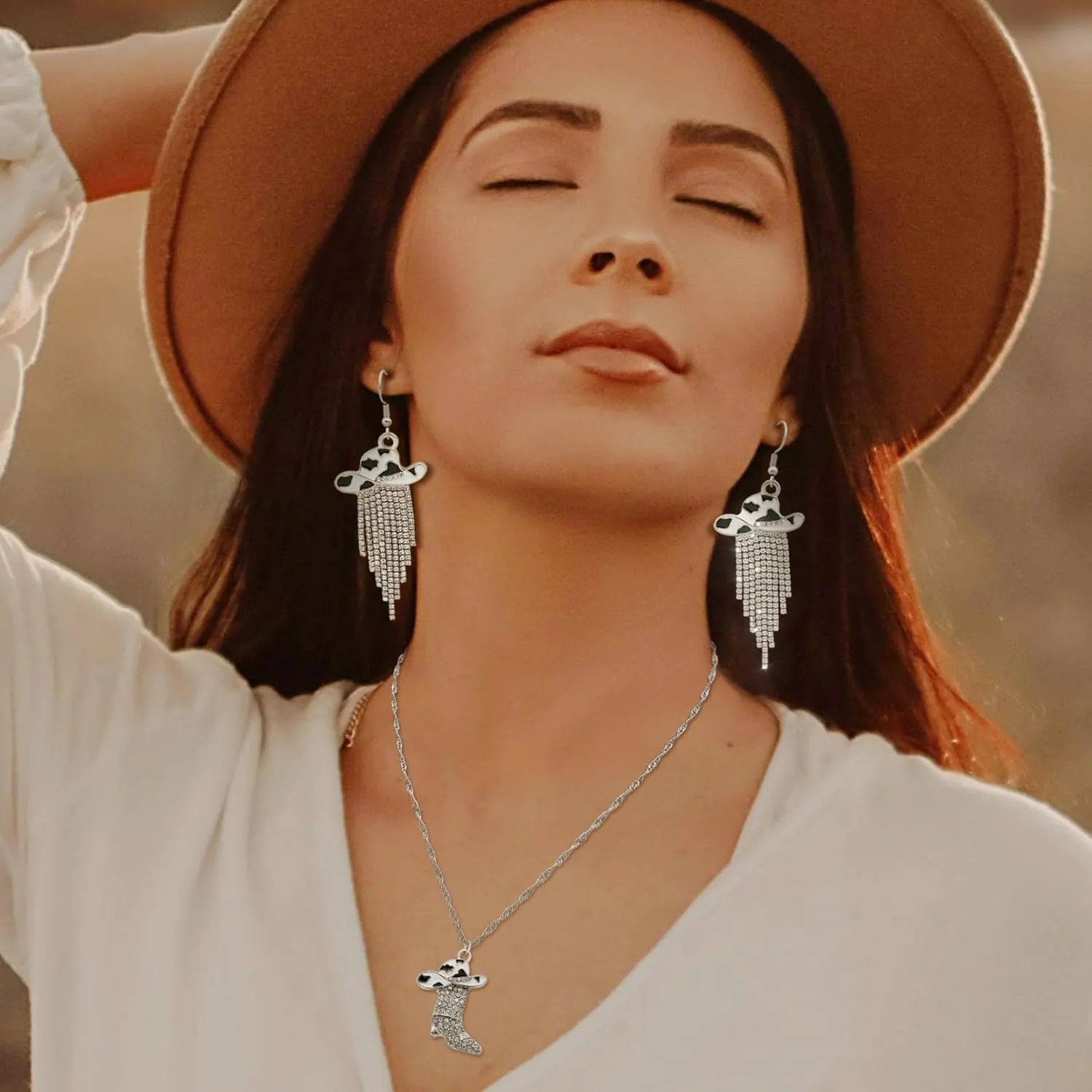 2pcs Western Earrings Necklace Jewelry Set,Sparkly Rhinestone Tassels Cowgirl Earrings Crystal Boots with Enamel Cowboy Hat Pendant Necklac for Women,Wild West Country Rustic Style