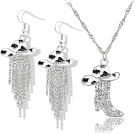 2pcs Western Earrings Necklace Jewelry Set,Sparkly Rhinestone Tassels Cowgirl Earrings Crystal Boots with Enamel Cowboy Hat Pendant Necklac for Women,Wild West Country Rustic Style