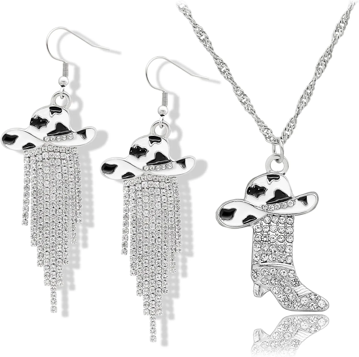 2pcs Western Earrings Necklace Jewelry Set,Sparkly Rhinestone Tassels Cowgirl Earrings Crystal Boots with Enamel Cowboy Hat Pendant Necklac for Women,Wild West Country Rustic Style