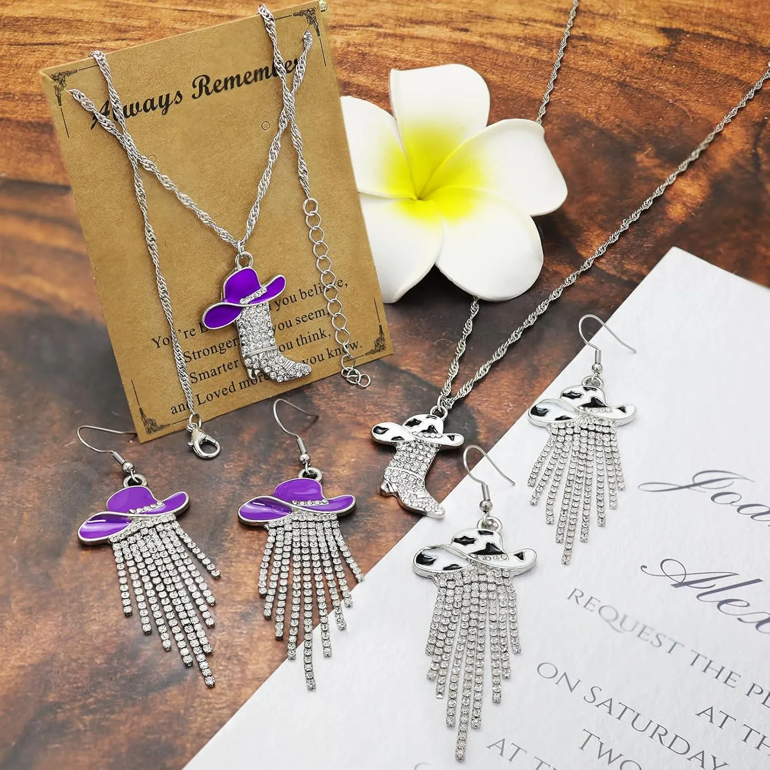 2pcs Western Earrings Necklace Jewelry Set,Sparkly Rhinestone Tassels Cowgirl Earrings Crystal Boots with Enamel Cowboy Hat Pendant Necklac for Women,Wild West Country Rustic Style