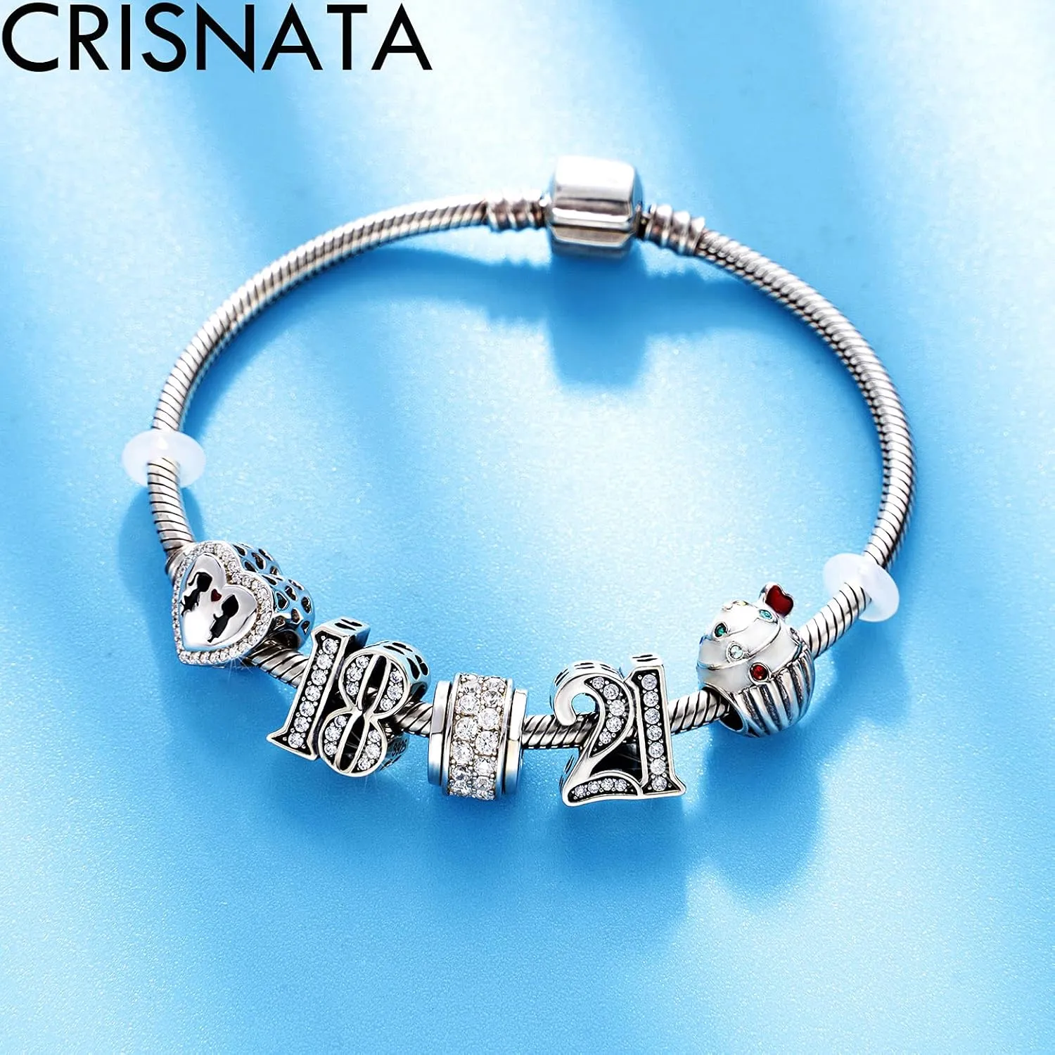 5,10 to 50 52 55 56 60 65 70 75 80 Birthday Charms fits European Anniversary Bracelets, 925 Sterling Silver Number Charms with Clear CZ Stones, Gifts for Family/Lover/Friends