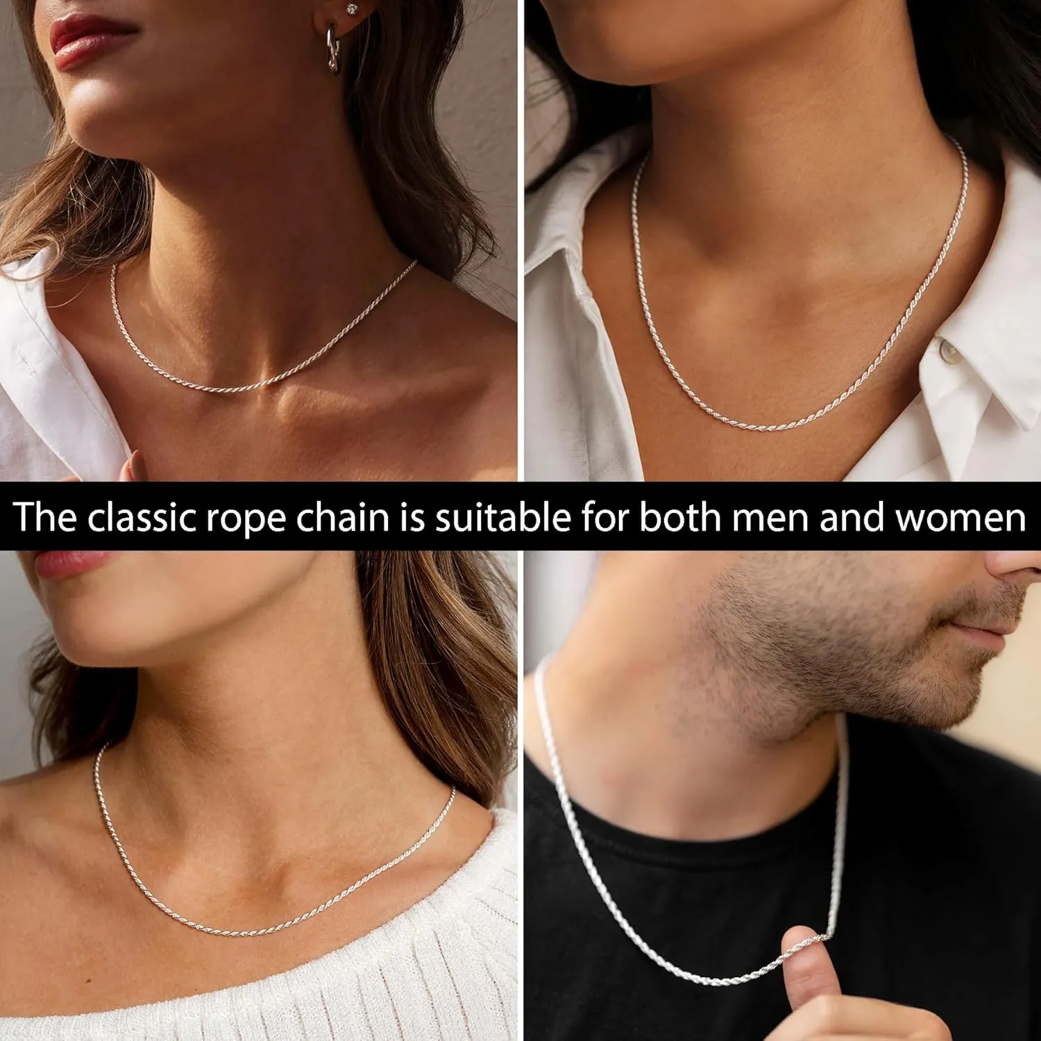 925 Sterling Silver Rope Chain Necklace for Women Men, Stacking Real Silver Chain for Men, Neck Chains for Mens, Solid Italy Rope Necklace Chain, 1.5-2mm Mens Necklace Women Necklaces Gift