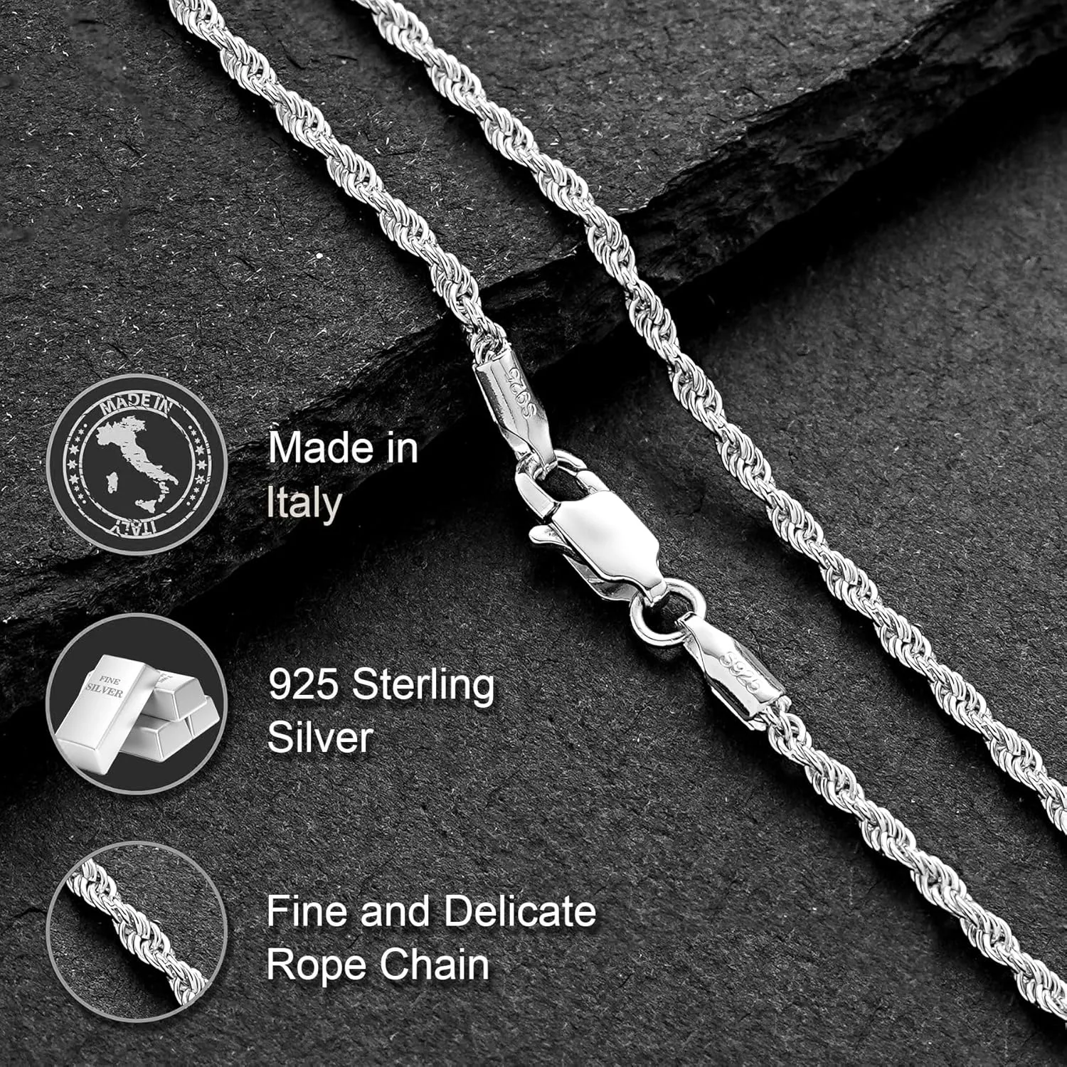 925 Sterling Silver Rope Chain Necklace for Women Men, Stacking Real Silver Chain for Men, Neck Chains for Mens, Solid Italy Rope Necklace Chain, 1.5-2mm Mens Necklace Women Necklaces Gift