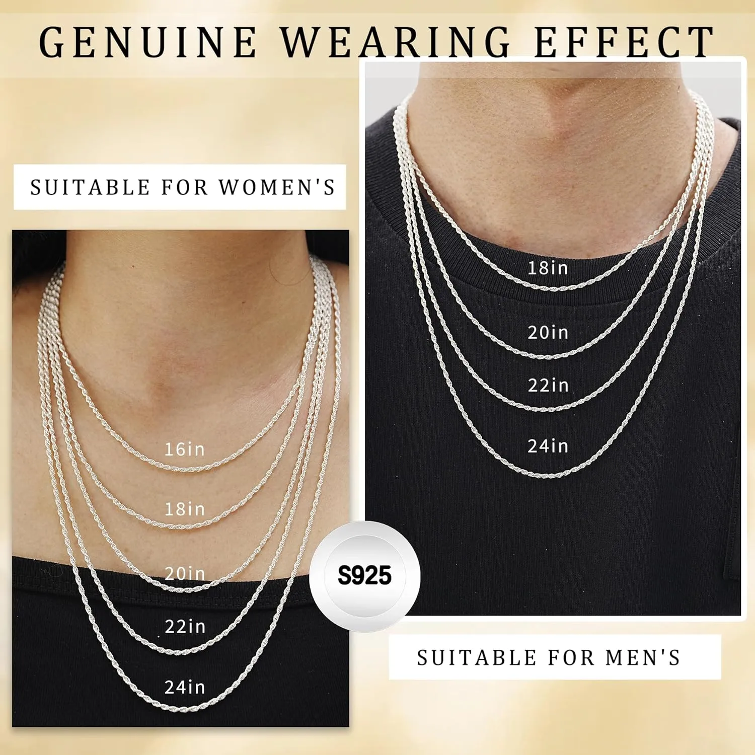 925 Sterling Silver Rope Chain Necklace for Women Men, Stacking Real Silver Chain for Men, Neck Chains for Mens, Solid Italy Rope Necklace Chain, 1.5-2mm Mens Necklace Women Necklaces Gift