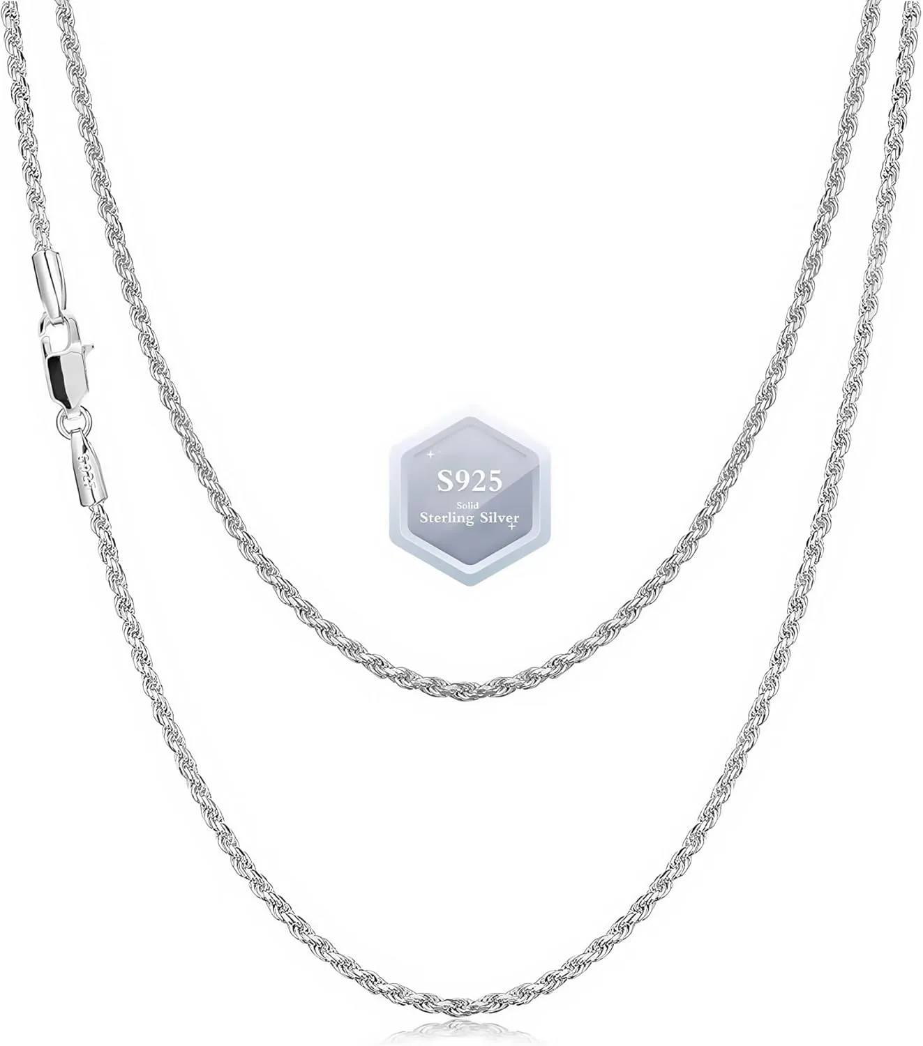 925 Sterling Silver Rope Chain Necklace for Women Men, Stacking Real Silver Chain for Men, Neck Chains for Mens, Solid Italy Rope Necklace Chain, 1.5-2mm Mens Necklace Women Necklaces Gift