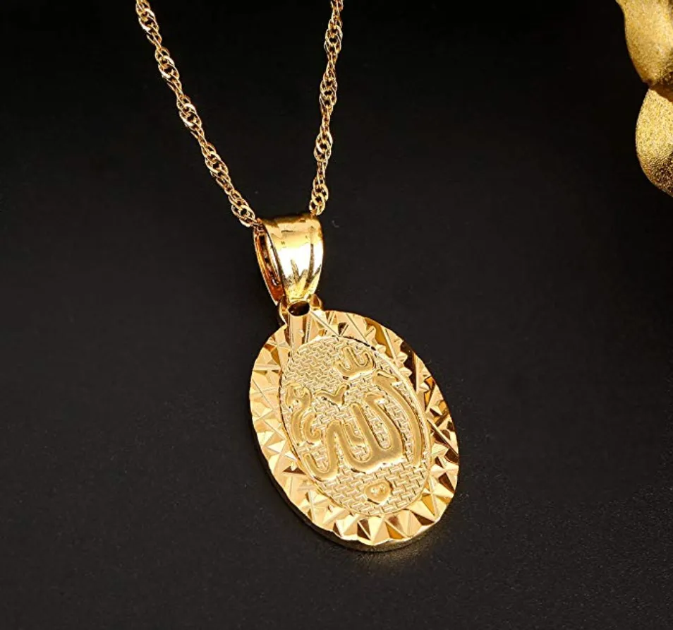 Allah Necklace Round Oval Islamic Holy Jewelry Allah Gift Muslim Chain Medallion Gold Silver Stainless Steel  20in.