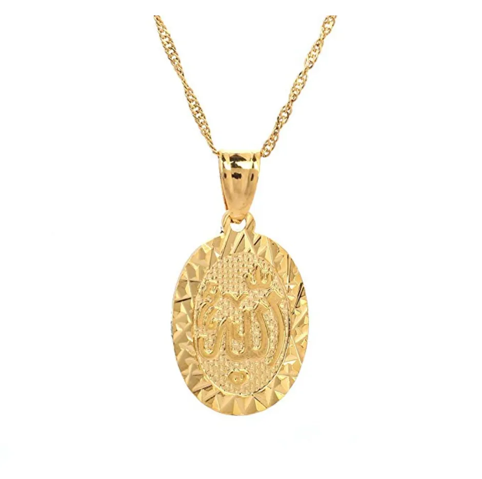 Allah Necklace Round Oval Islamic Holy Jewelry Allah Gift Muslim Chain Medallion Gold Silver Stainless Steel  20in.