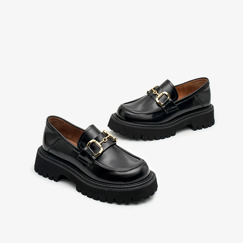 BeauToday Womens Chunky Loafers Classic Round Toe Lug Sole Cow Leather Loafers with Metal Buckle Decoration