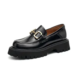 BeauToday Womens Chunky Loafers Classic Round Toe Lug Sole Cow Leather Loafers with Metal Buckle Decoration