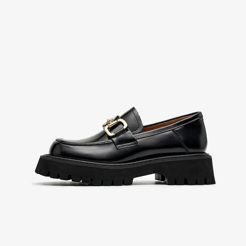 BeauToday Womens Chunky Loafers Classic Round Toe Lug Sole Cow Leather Loafers with Metal Buckle Decoration