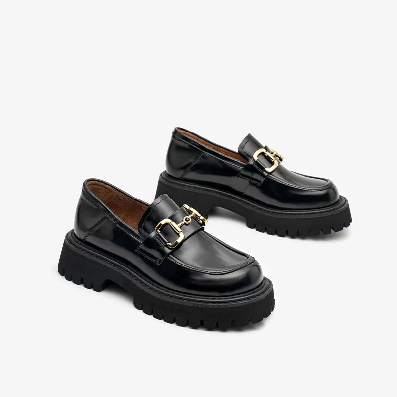 BeauToday Womens Chunky Loafers Classic Round Toe Lug Sole Cow Leather Loafers with Metal Buckle Decoration