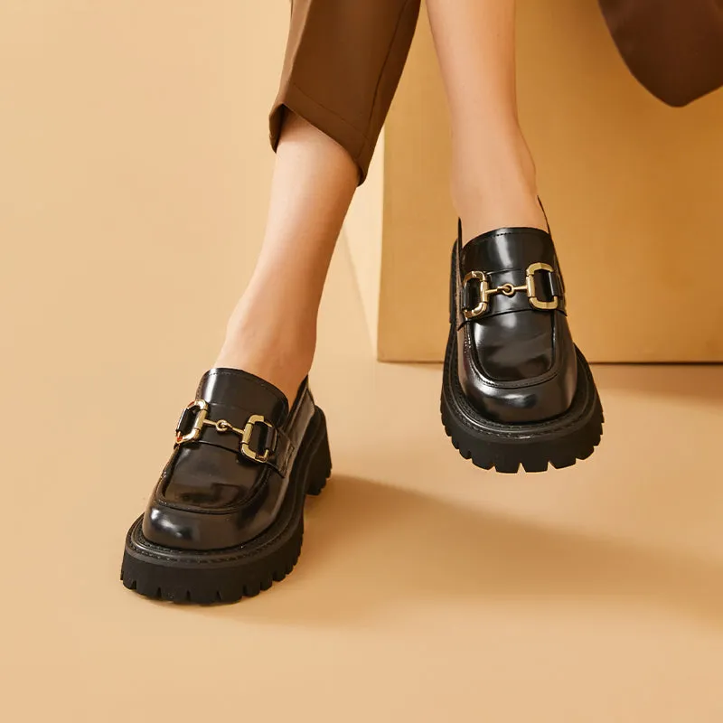 BeauToday Womens Chunky Loafers Classic Round Toe Lug Sole Cow Leather Loafers with Metal Buckle Decoration