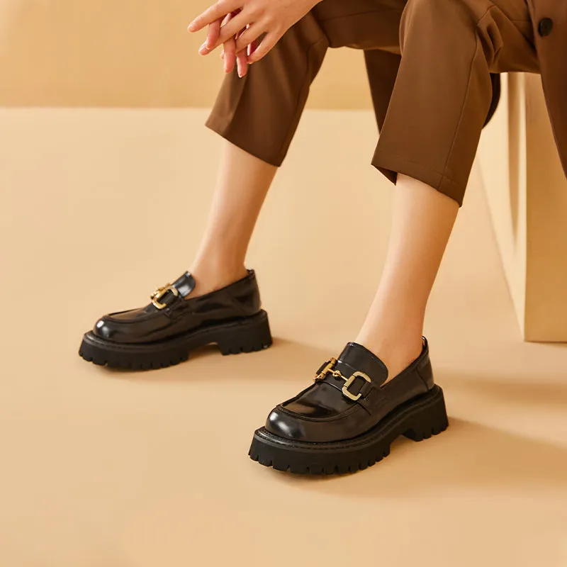 BeauToday Womens Chunky Loafers Classic Round Toe Lug Sole Cow Leather Loafers with Metal Buckle Decoration