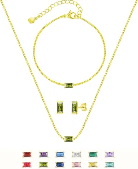 Birthstone Bracelet Necklace Earring Set for Women 18K Gold Plated Stainless Steel Birth Link Bracelet Pendant Studs Birthday Jewelry Gift for Mother and Daughter