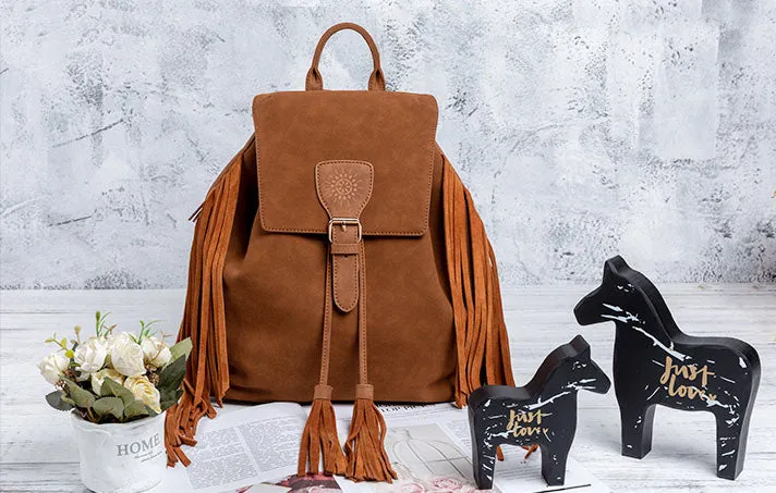 Boho Womens Faux Leather Backpack Purse with Suede Leather Fringe for Women