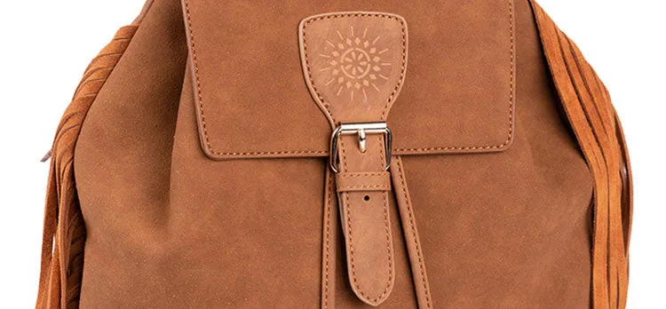 Boho Womens Faux Leather Backpack Purse with Suede Leather Fringe for Women