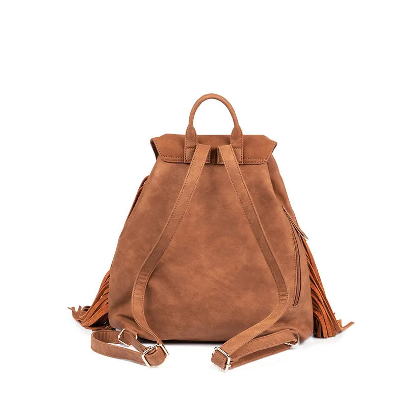 Boho Womens Faux Leather Backpack Purse with Suede Leather Fringe for Women