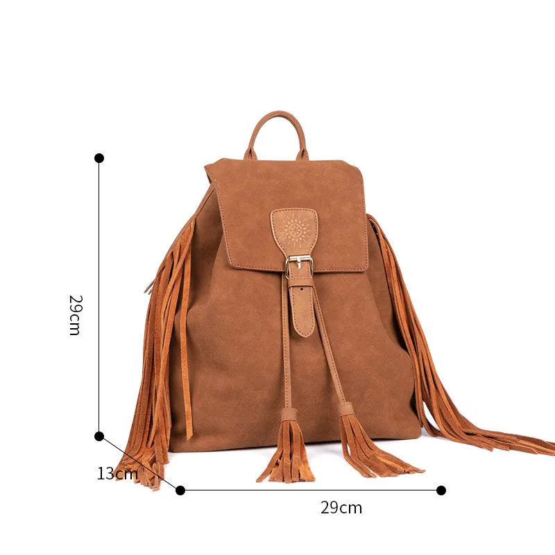 Boho Womens Faux Leather Backpack Purse with Suede Leather Fringe for Women