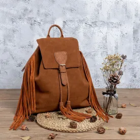 Boho Womens Faux Leather Backpack Purse with Suede Leather Fringe for Women