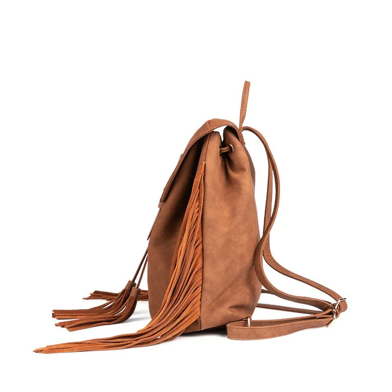 Boho Womens Faux Leather Backpack Purse with Suede Leather Fringe for Women