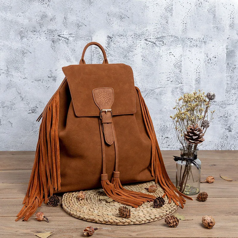 Boho Womens Faux Leather Backpack Purse with Suede Leather Fringe for Women