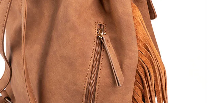 Boho Womens Faux Leather Backpack Purse with Suede Leather Fringe for Women
