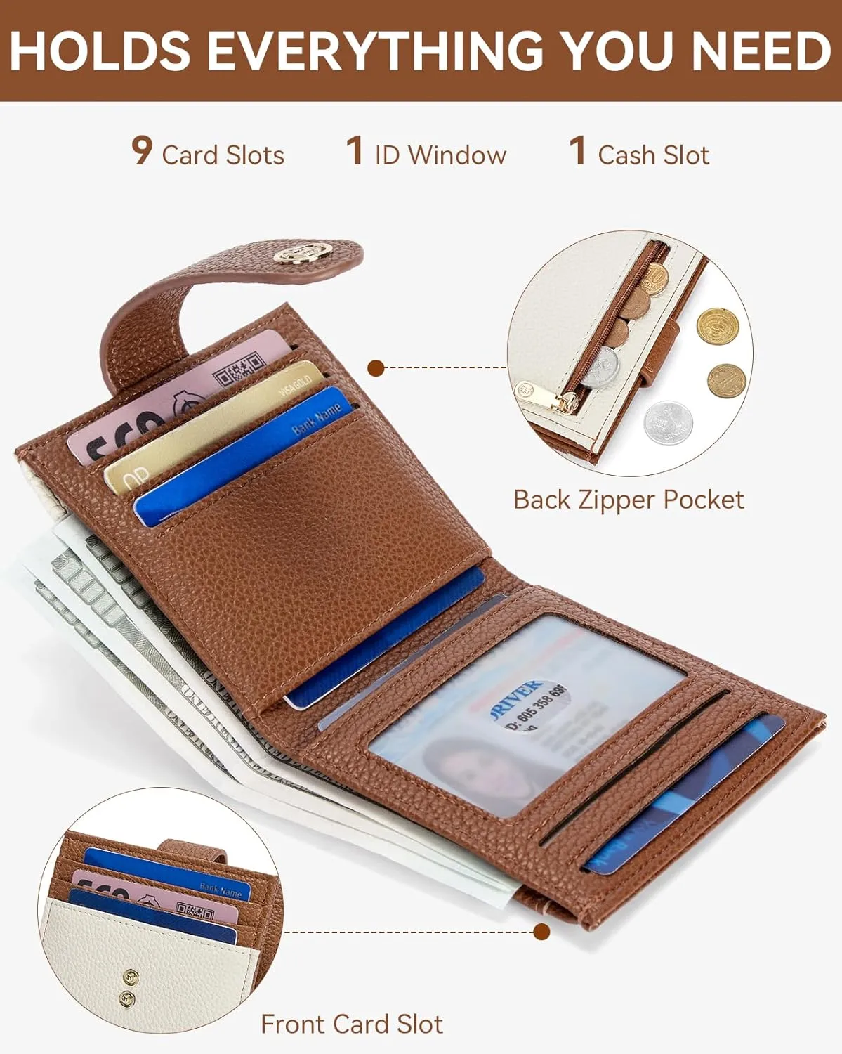 BOSTANTEN Slim Wallet for Women Small RFID Blocking Credit Card Holder Leather Bifold Wallets with Zipper Coin Pocket BeigeBrown
