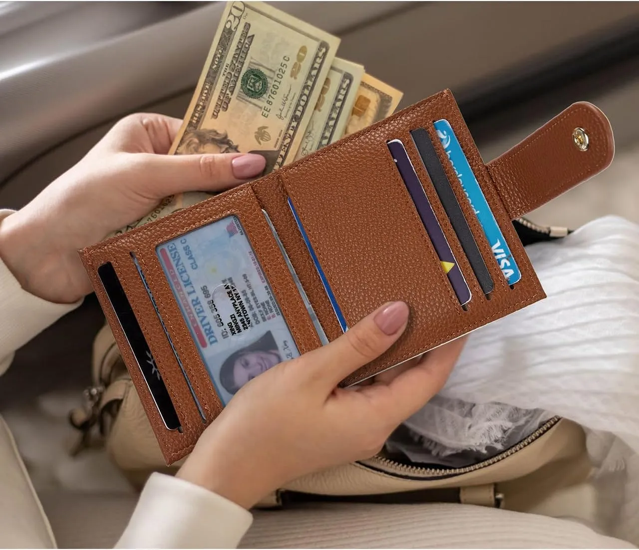 BOSTANTEN Slim Wallet for Women Small RFID Blocking Credit Card Holder Leather Bifold Wallets with Zipper Coin Pocket BeigeBrown