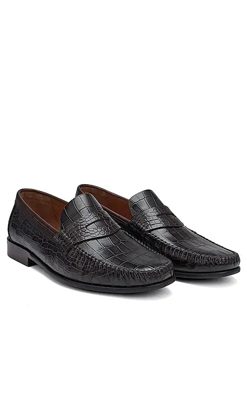 Brown Croco Textured Loafers